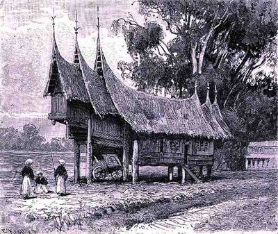Haus in Zentral-Sumatra, graviert von E. Krell, aus Die Geschichte der Menschheit, Bd.1, von Prof. Friedrich Ratzel, 1896 von English School